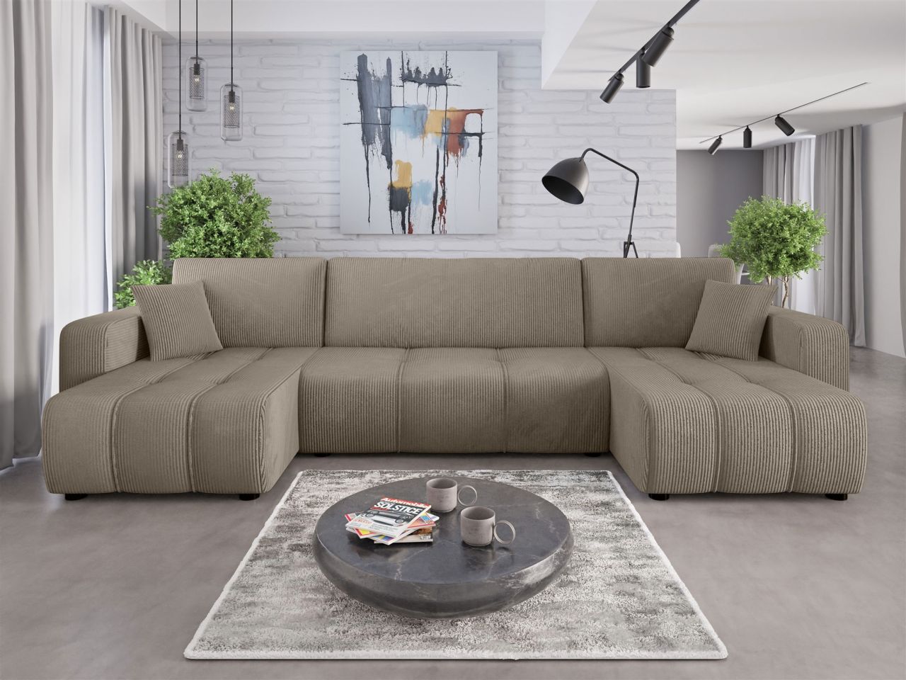 Wohnlandschaft mit Schlaffunktion DAGNY Sofa U-Form in Stoff Poso Hellbraun