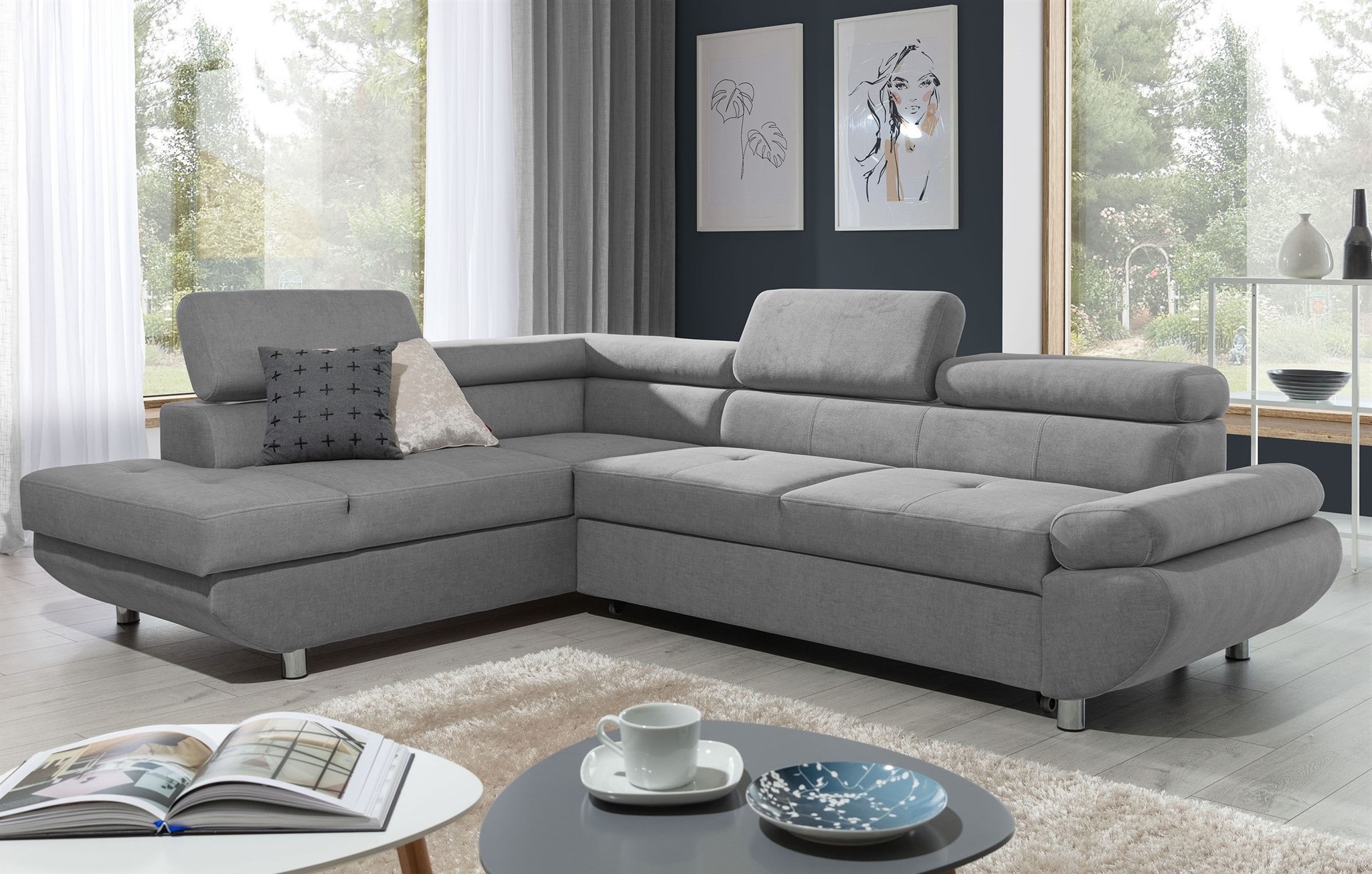 AXLIVING Ecksofa Dolceo 287cm Grau - Schlaffunktion Mit Ottomane Und Stauraum