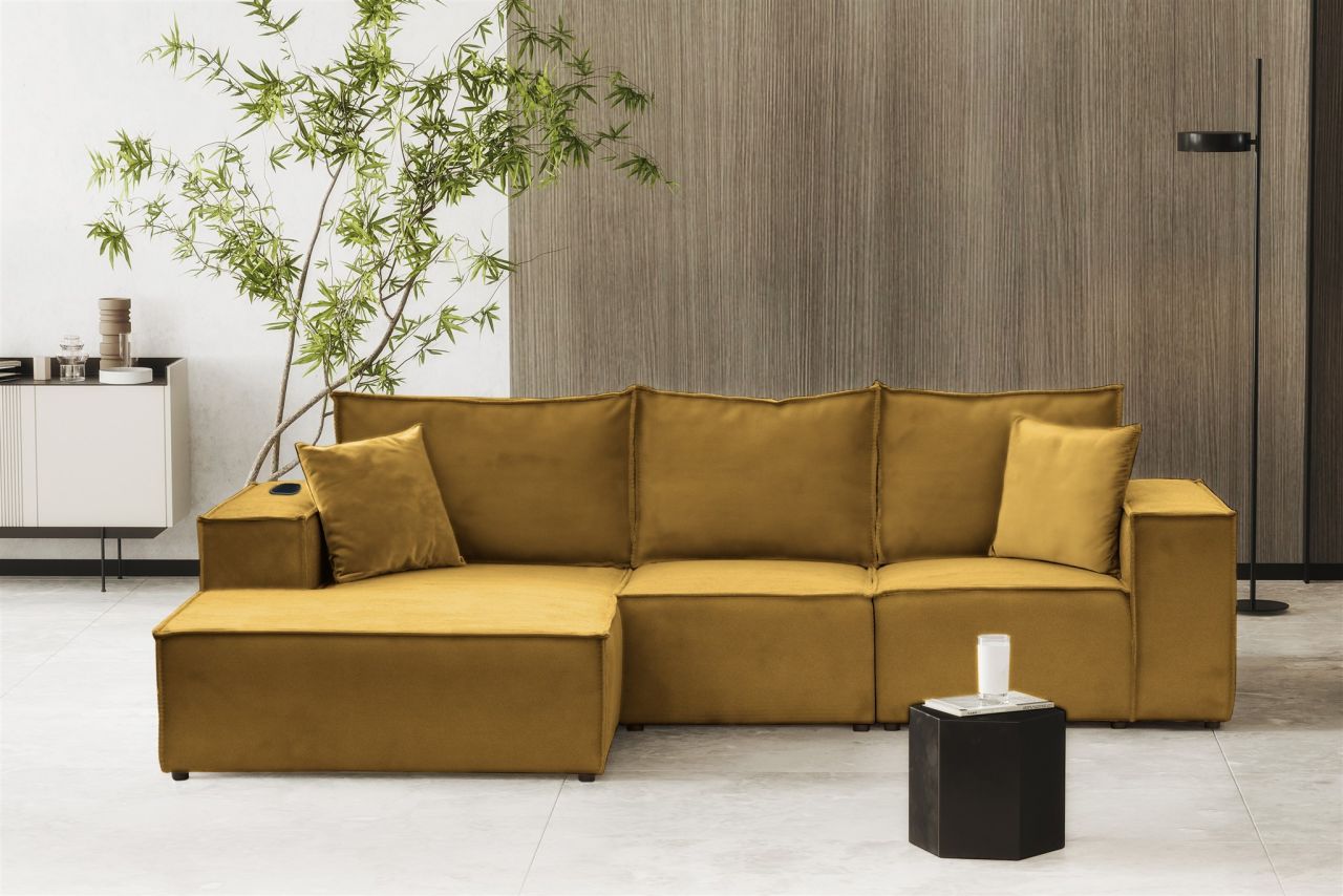 Ecksofa Sofa ALVARO inkl. QI Ladegerät Stoff Opera Velvet Goldgelb Ottomane L...