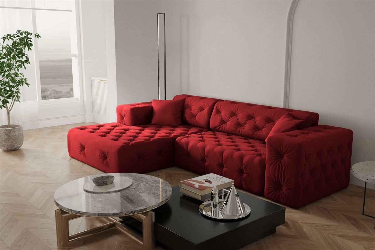 Ecksofa ersofa CHANTAL in Stoff Opera Velvet Rubinrot Ottomane Links