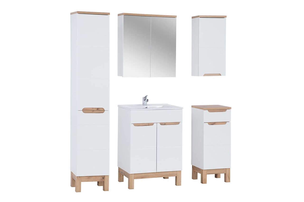 Badmöbel Set 5-tlg Badezimmerset DEVI Weiss HGL inkl.Waschtisch 60 cm