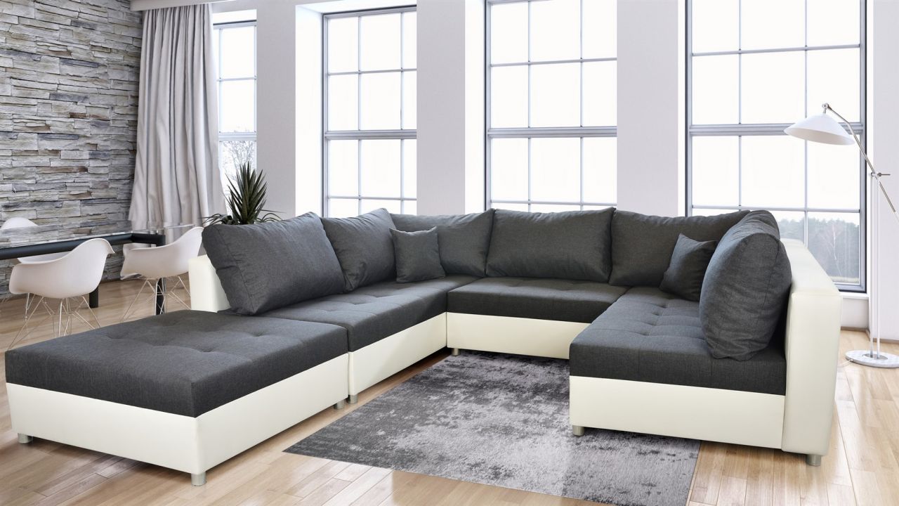 Wohnlandschaft Sofa ANDRO mit Schlaffunktion und Hocker Weiss-Dunkelgrau