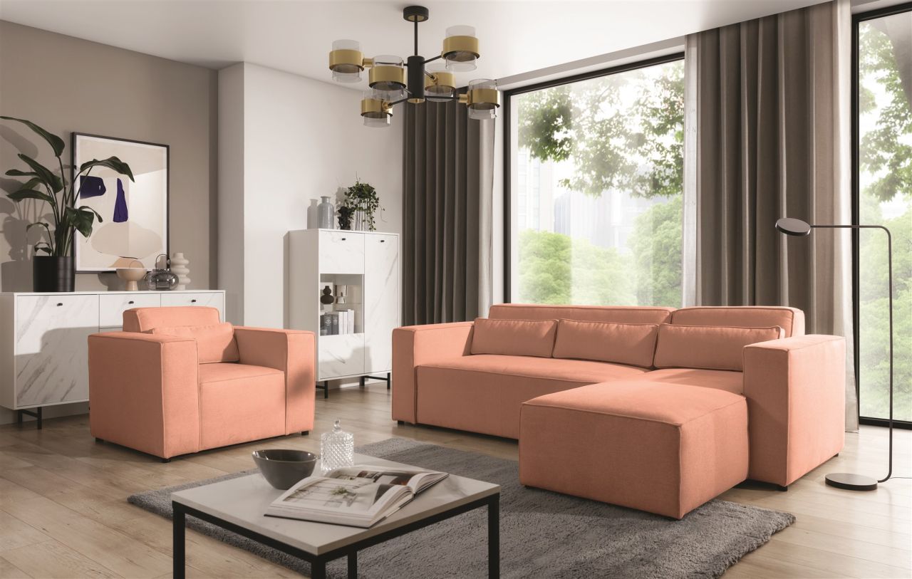 Ecksofa Schlafsofa inkl. Sessel WALDO Stoff Brooklyn Coral Ottomane Rechts