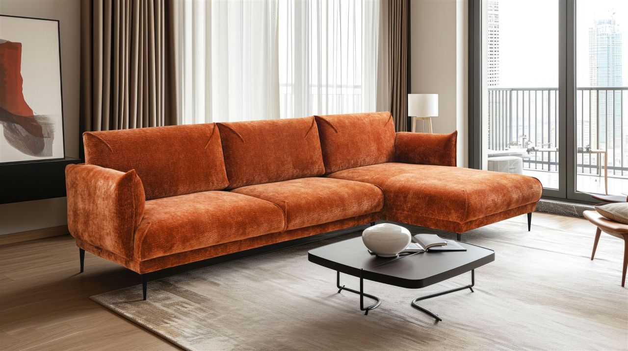 Ecksofa ersofa MADISON in Stoff Dress Me Kupfer Ottomane Rechts