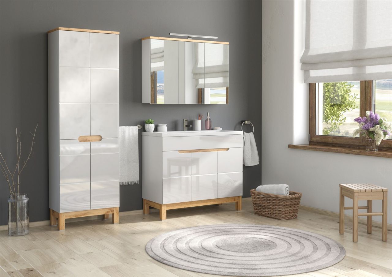 Badmöbel Set 3-tlg Badezimmerset DEVI Weiss HGL inkl.Waschtisch 100 cm