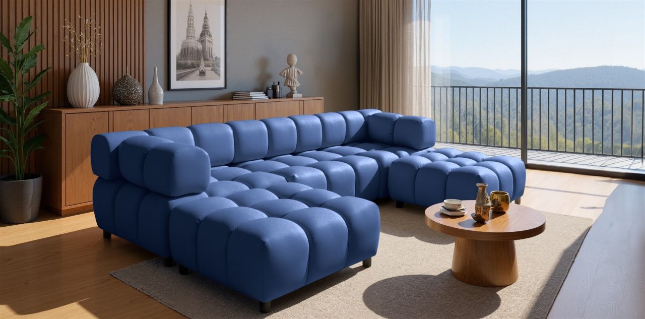 Sofa ersofa FLOW 3-Sitzer inkl. 2 x Polsterhocker Stoff Bluvel Blau