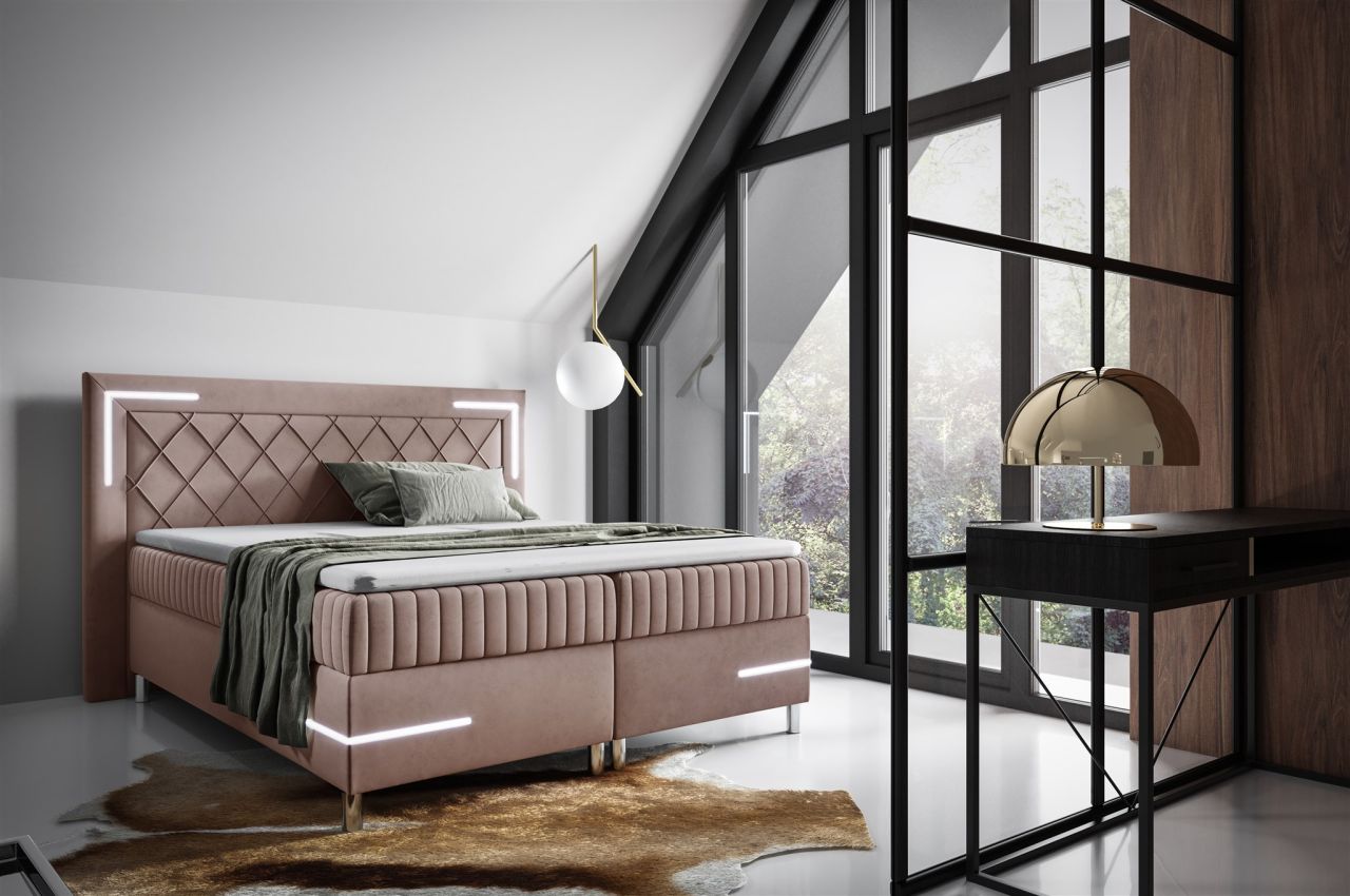 Boxspringbett Schlafzimmerbett 140x200cm AMORE Nr.3 Altrosa inkl. LED-Beleuch...