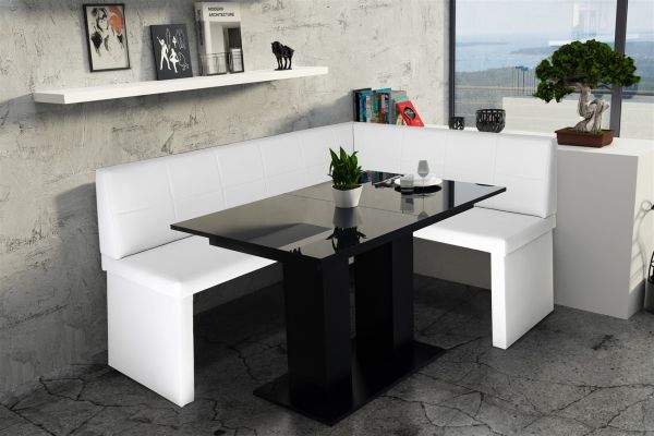 Eckbankgruppe 196x142 cm ROBIN XL L Weiss / Esstisch DANTE Schwarz HGL
