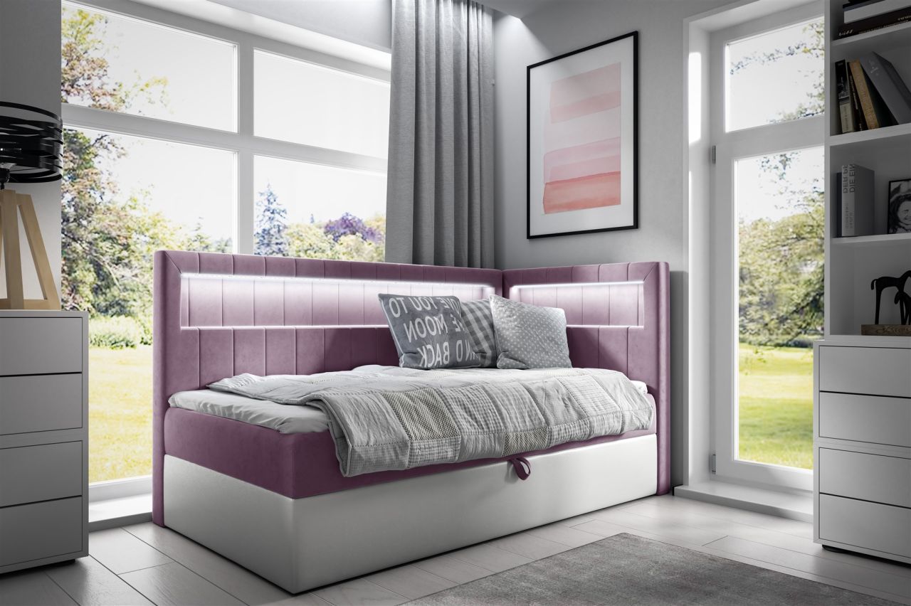 Boxspringbett Gästebett Kinderbett FABIAN Nr.3 90x200cm Weiss-Rosa Seite Rechts