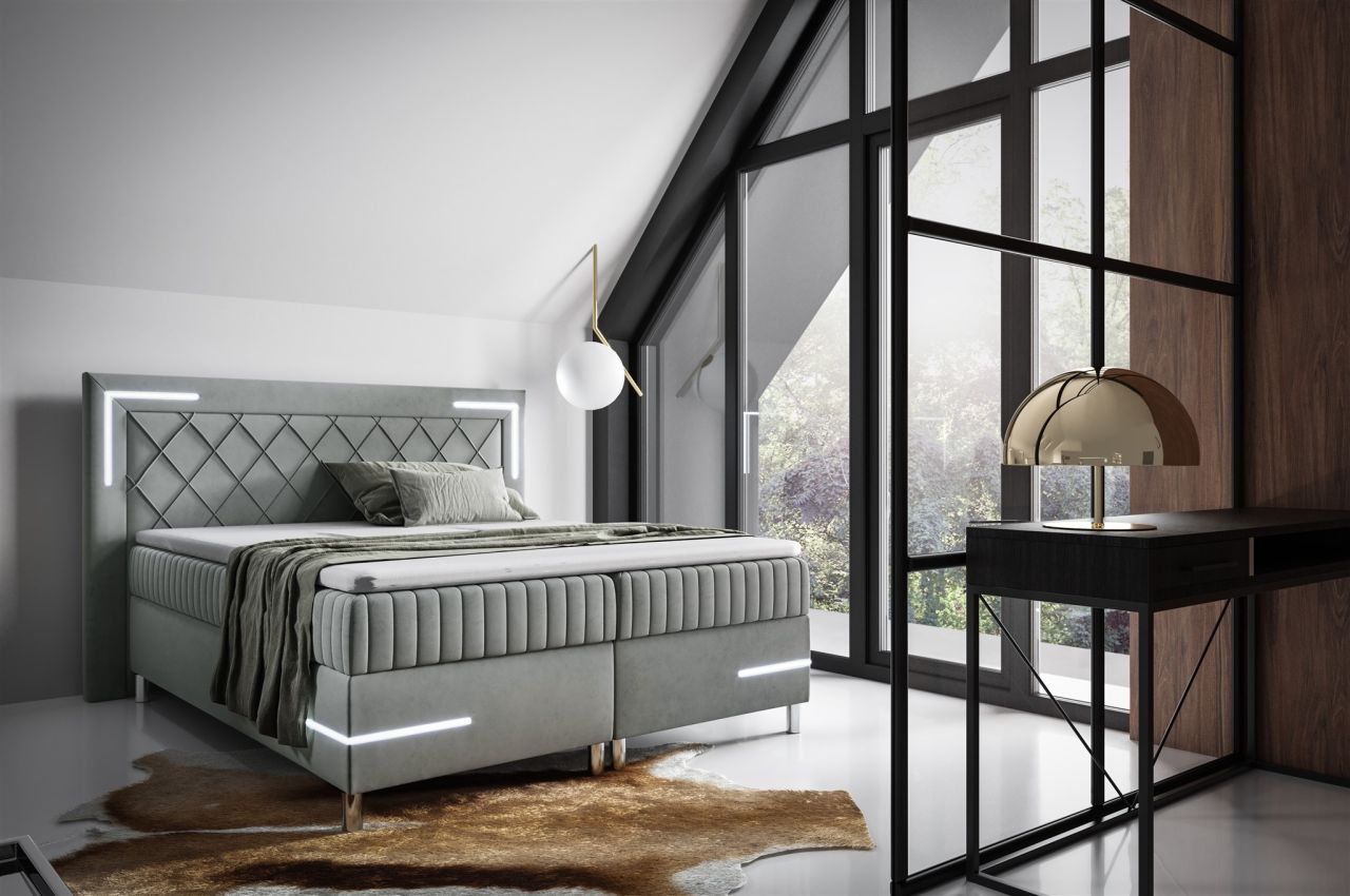 Boxspringbett Schlafzimmerbett 140x200cm AMORE Nr.3 Silbergrau inkl. LED-Bele...