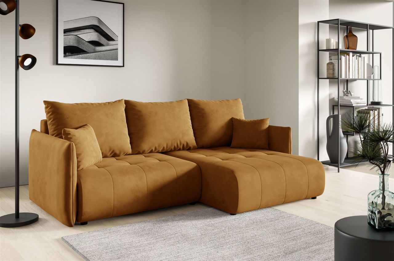 Ecksofa Schlafsofa CANIO Stoff Monolith Honiggelb Ottomane Rechts