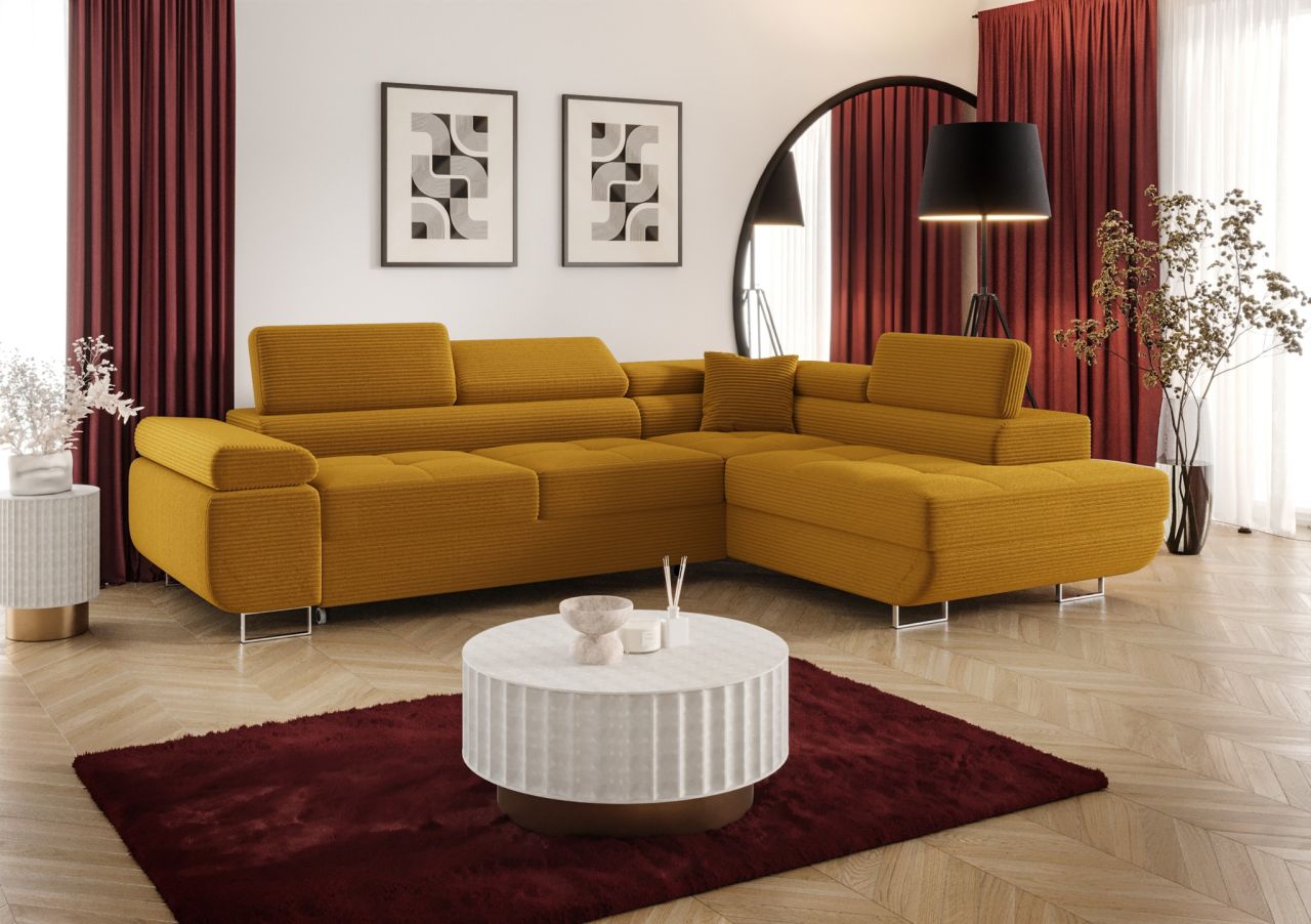 Ecksofa Schlafsofa Sofa MONARO Stoff Poso Honiggelb Ottomane Rechts