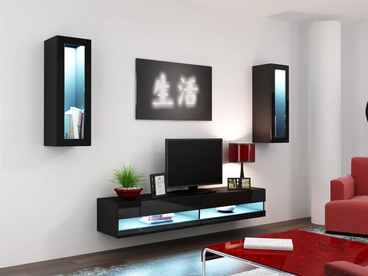 Mediawand Wohnwand 3 tlg - SENTIC 11 - Schwarz Hochglanz inkl.LED