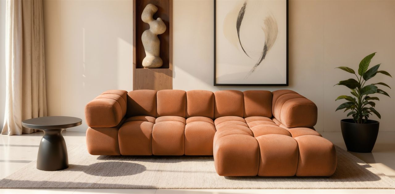 Ecksofa Designersofa BLANCHE in Stoff Bluvel Rostbraun Ottomane Rechts