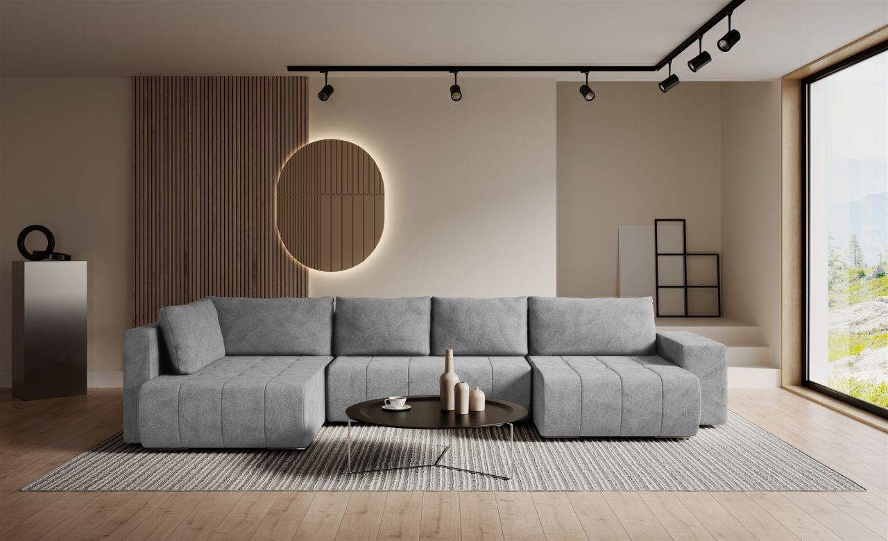 Wohnlandschaft Schlafsofa ARMANDA in Stoff Blur Silbergrau langer Schenkel Links
