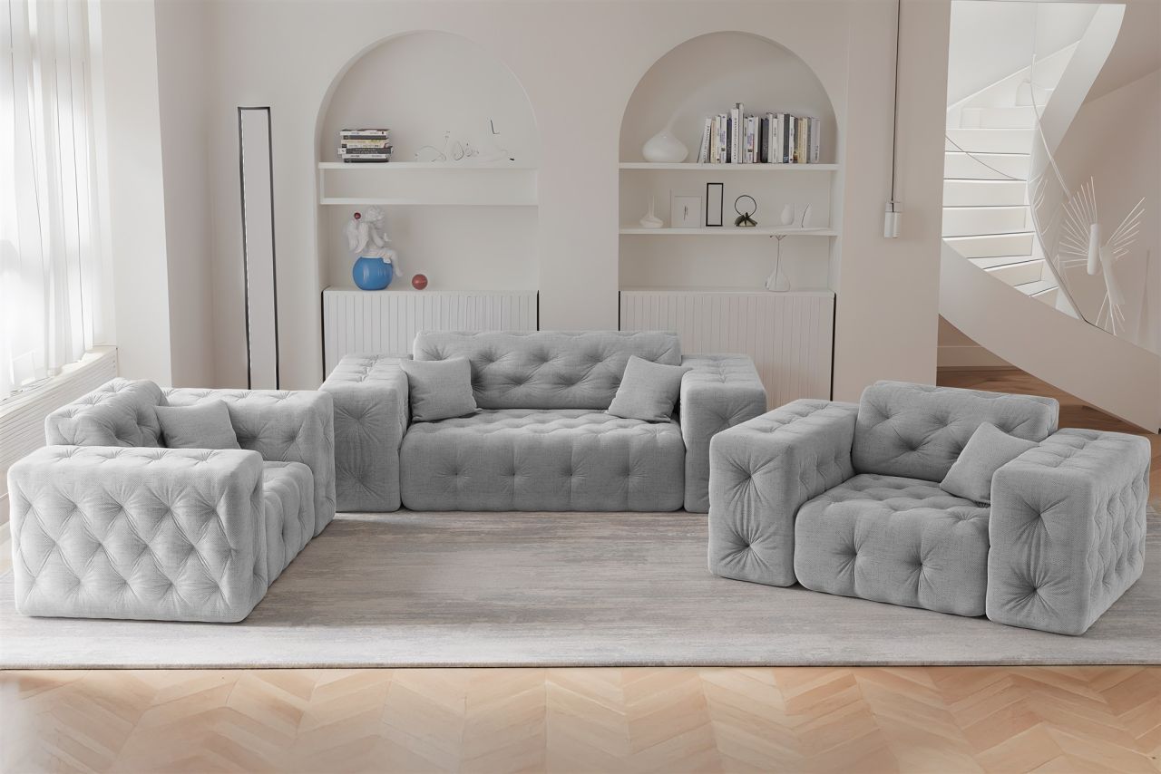Sofaset ersofa CHANTAL 2-1-1 in Stoff Moly Hellgrau