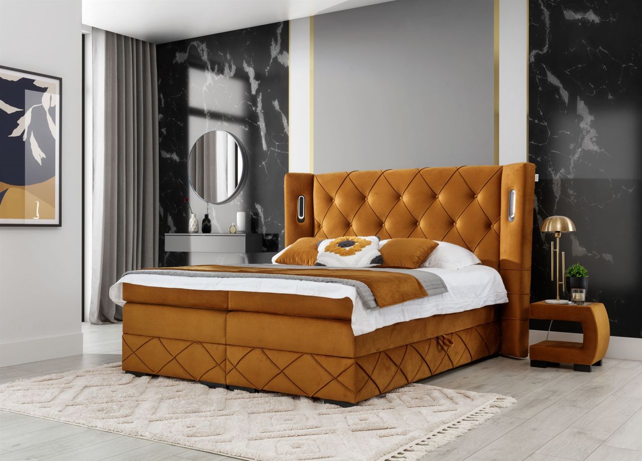 Boxspringbett Schlafzimmerbett ELVIANO 160x200cm Stoff Honiggelb inkl. Ambien...