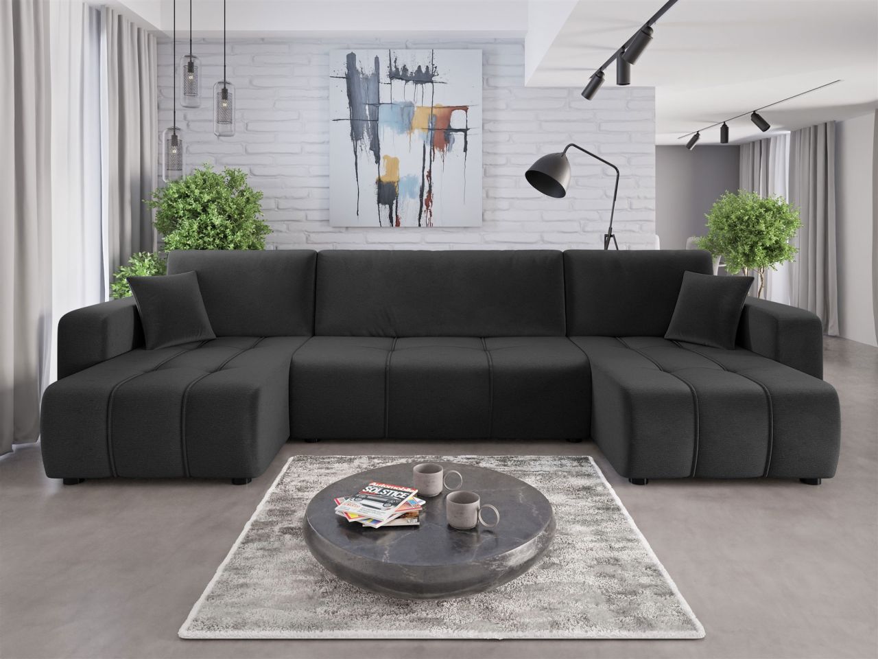 Wohnlandschaft mit Schlaffunktion DAGNY Sofa U-Form in Stoff Kronos Dunkelgrau