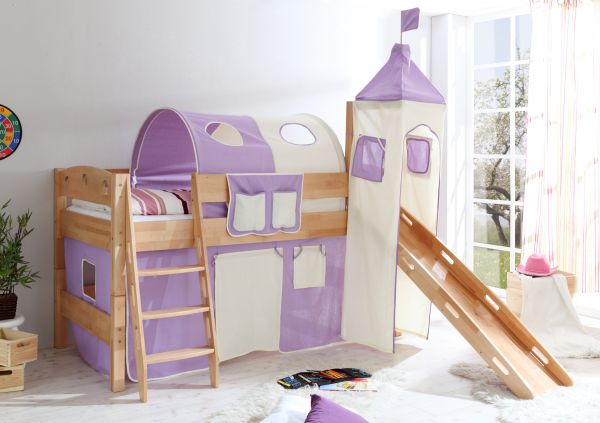 Rutschbett COLIN R Buche Natur inkl.Vorhang und Turm Lila/ Beige