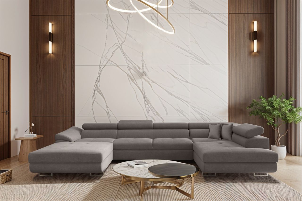 Wohnlandschaft Schlafsofa Sofa CARMELO in Stoff Nova Grau Ottomane Links