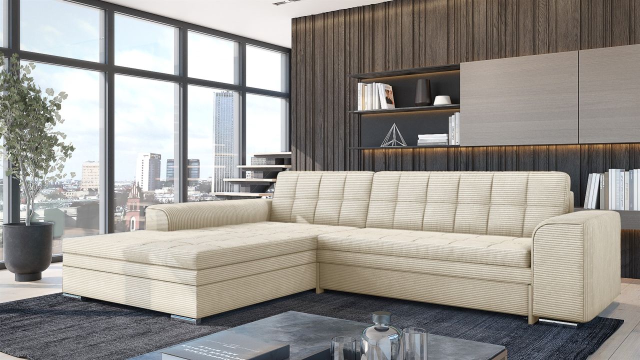 Ecksofa Sofa SARRA mit Schlaffunktion Stoff Lincoln Creme Ottomane Links