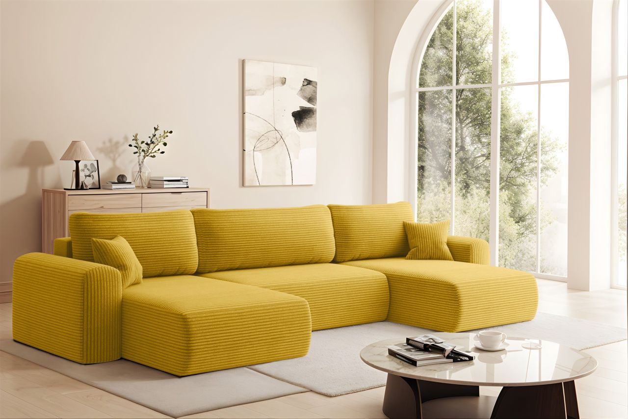 Wohnlandschaft Sofa mit Schlaffunktion FLORA Stoff Poso Honiggelb