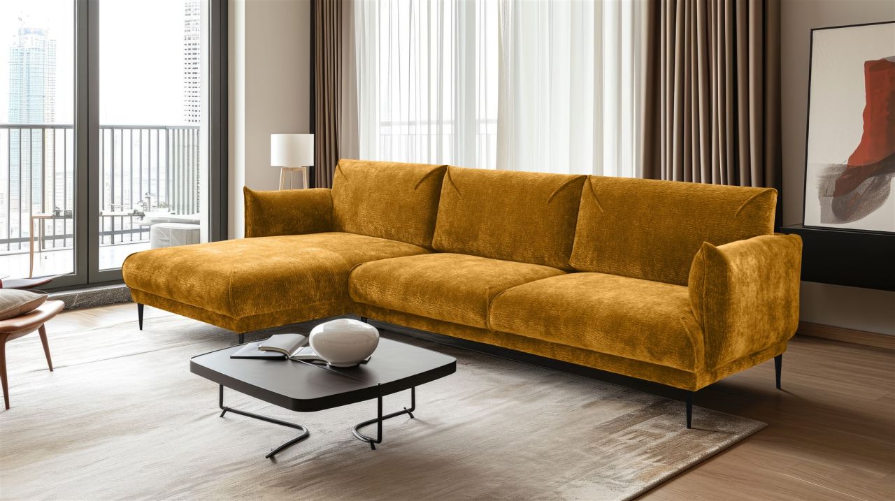 Ecksofa ersofa MADISON in Stoff Dress Me Senfgelb Ottomane Links