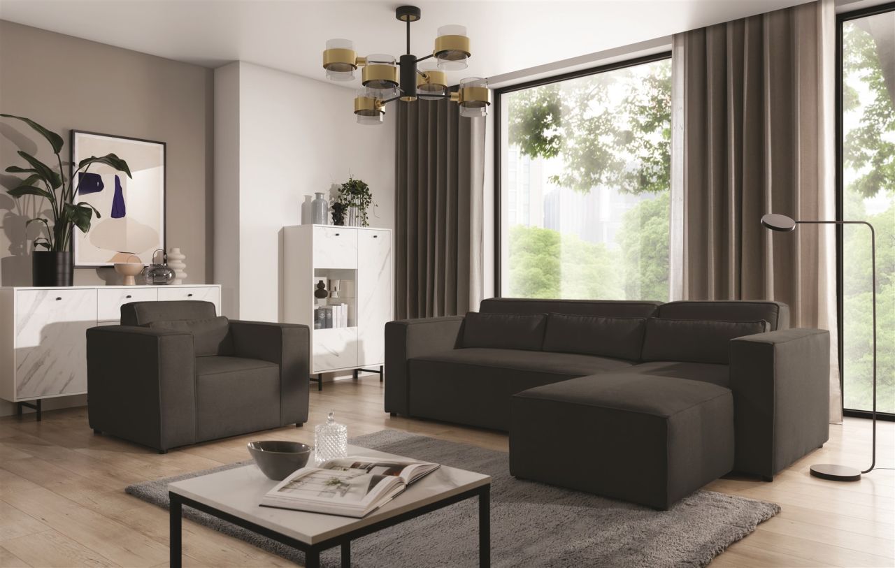 Ecksofa Schlafsofa inkl. Sessel WALDO Stoff Brooklyn Schwarz-Hell Ottomane Re...