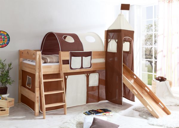 Rutschbett COLIN R Buche Natur inkl.Vorhang und Turm Braun/ Beige