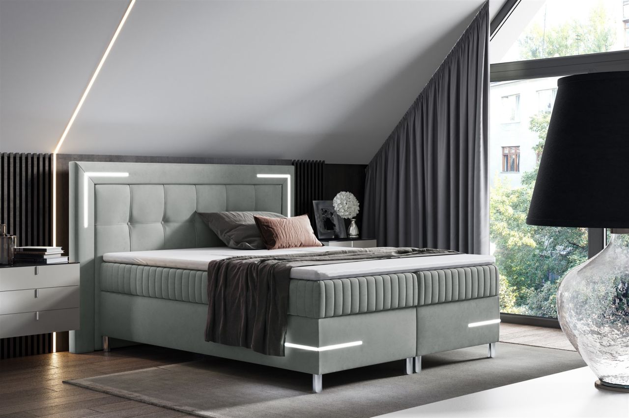Boxspringbett Schlafzimmerbett 160x200cm AMORE Nr.1 Silbergrau inkl. LED-Bele...