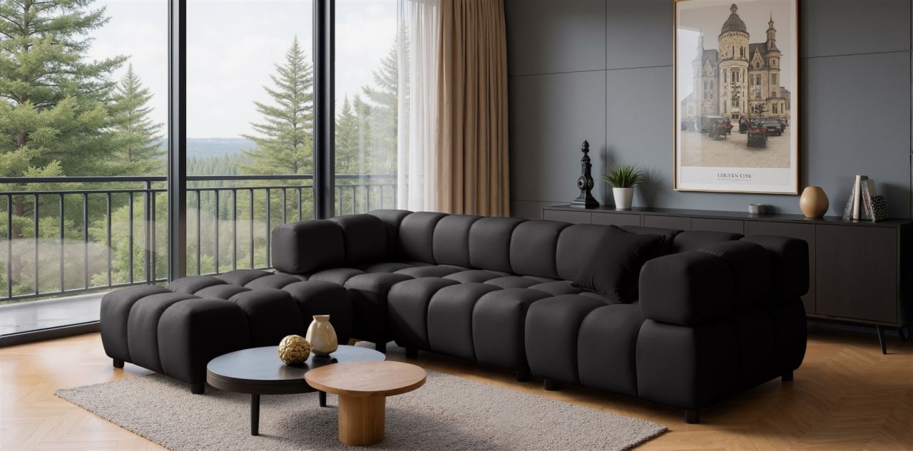 Sofa ersofa FLOW 3-Sitzer inkl. 1 x Polsterhocker Stoff Bluvel Schwarz