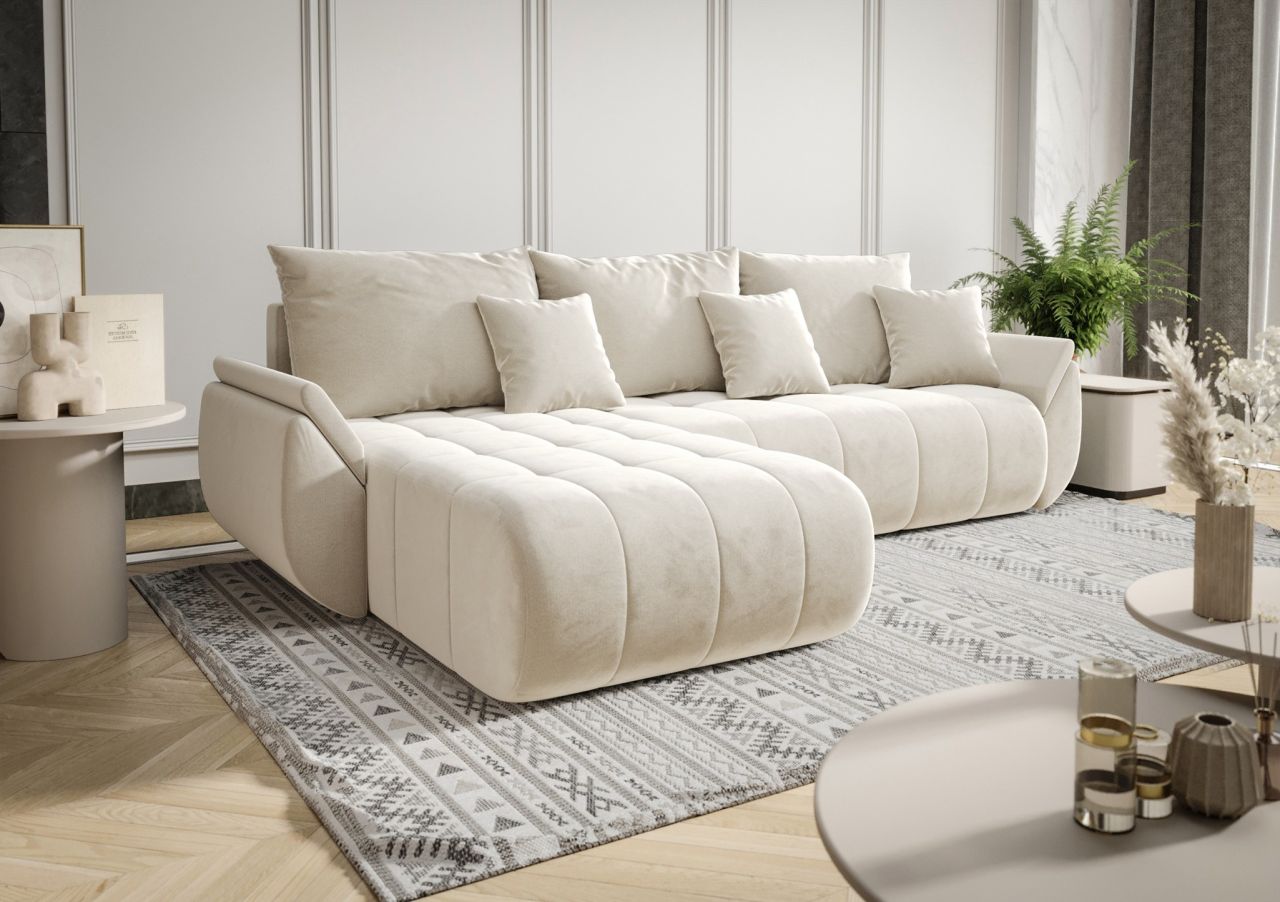 Ecksofa Schlafsofa AKITA Stoff Monolith Creme Ottomane Links