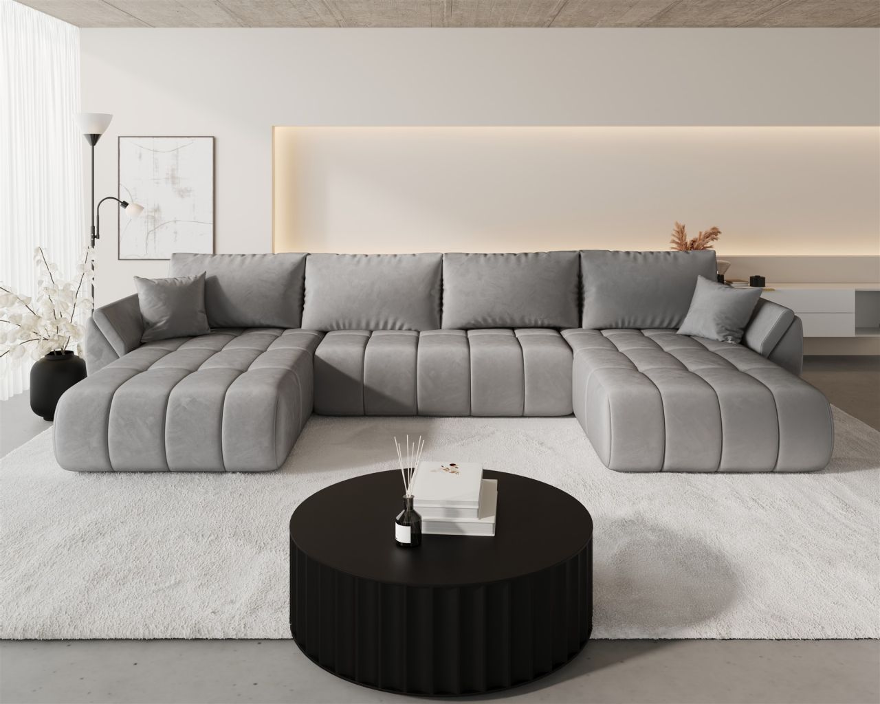 Wohnlandschaft Sofa mit Schlaffunktion MISATO Stoff Monolith Hellgrau