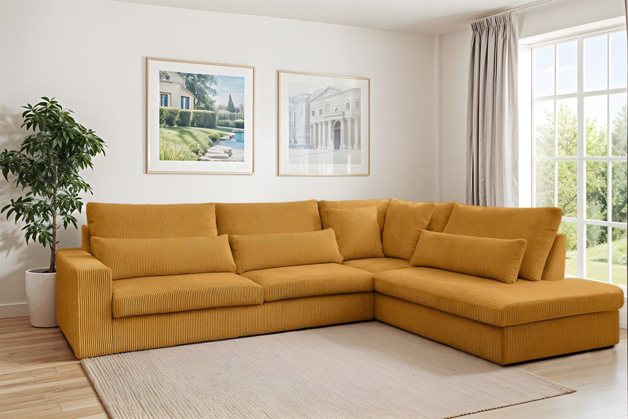 Ecksofa ersofa THORA in Stoff Poso Honiggelb Ottomane Rechts