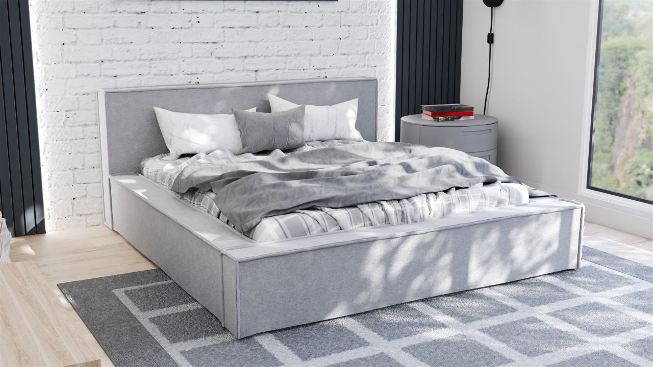 Polsterbett Doppelbett Bett ALDANA 140x200cm in Stoff Freya Hellgrau