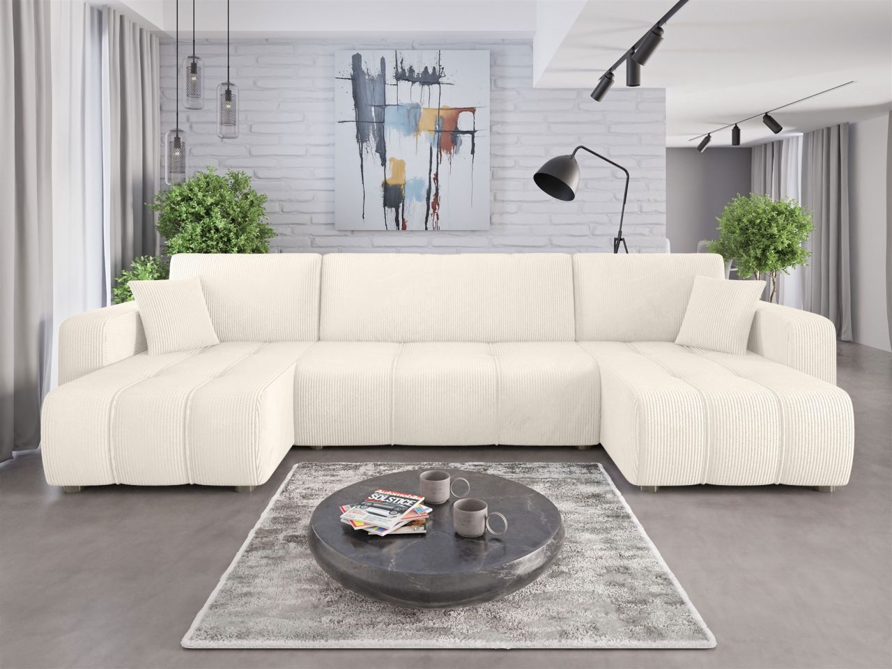 Wohnlandschaft mit Schlaffunktion DAGNY Sofa U-Form in Stoff Poso Creme
