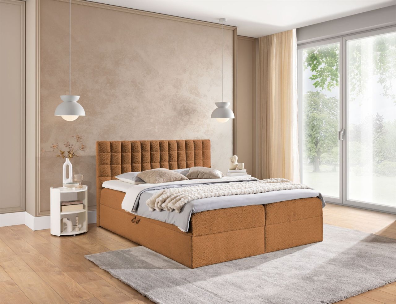 Boxspringbett Schlafzimmerbett TORIBO 160x200cm Stoff Coral Cognac