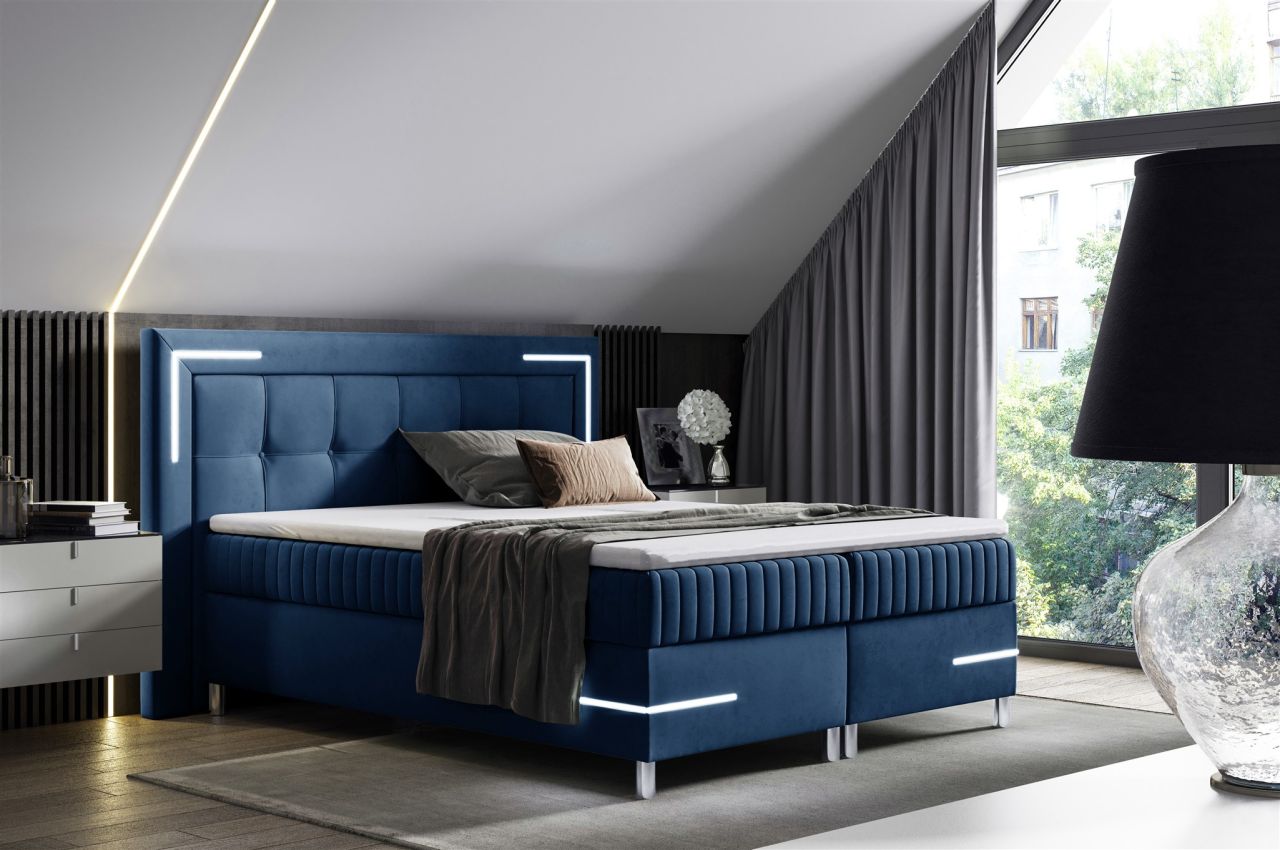 Boxspringbett Schlafzimmerbett 160x200cm AMORE Nr.1 Dunkelblau inkl. LED-Bele...