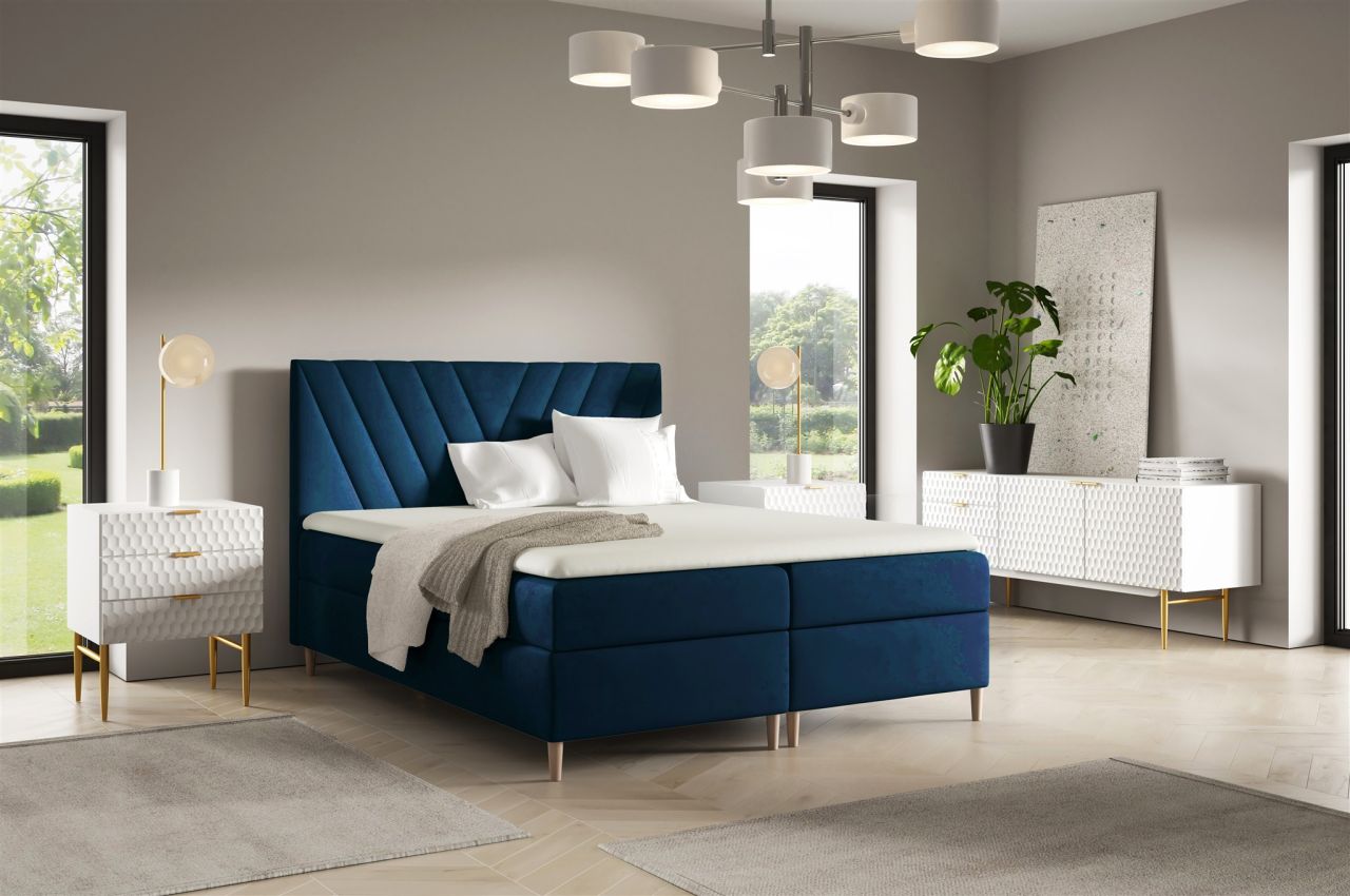 Boxspringbett Schlafzimmerbett ESPEN 120x220cm in Stoff Fresh Dunkelblau