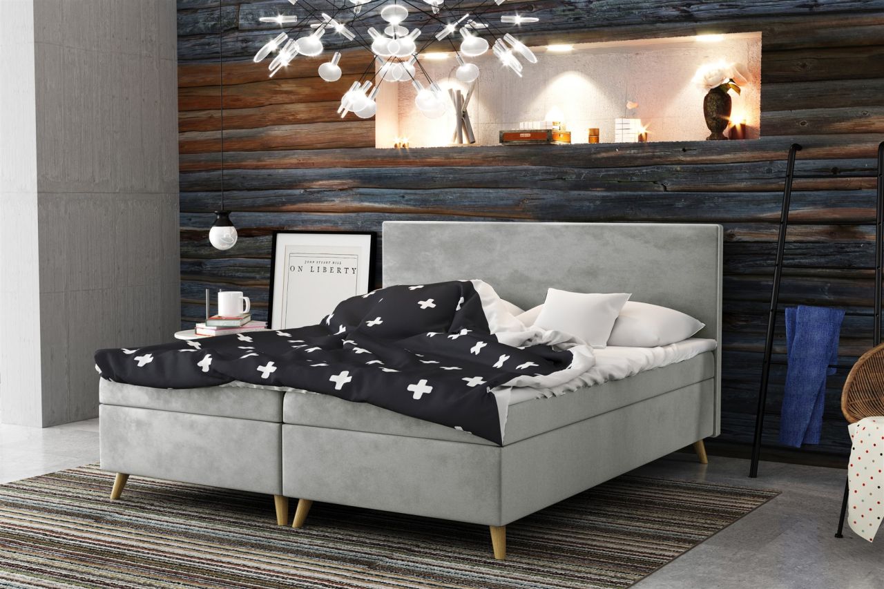Boxspringbett Schlafzimmerbett Sileno 140x200cm in Stoff Riviera Grau