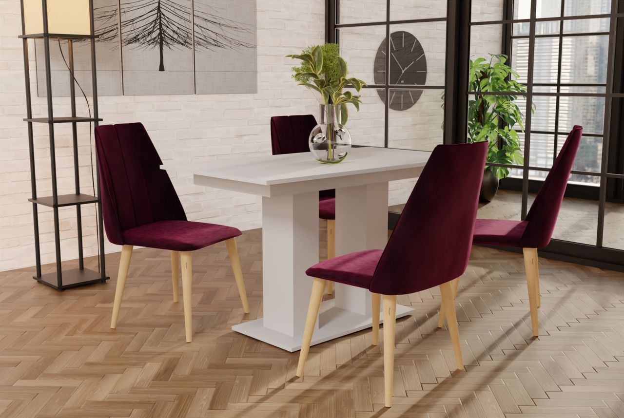Essgruppe Weiss matt-Tisch mit 4 Bordeauxrot CAROS Stühlen für Esszimmer oder...