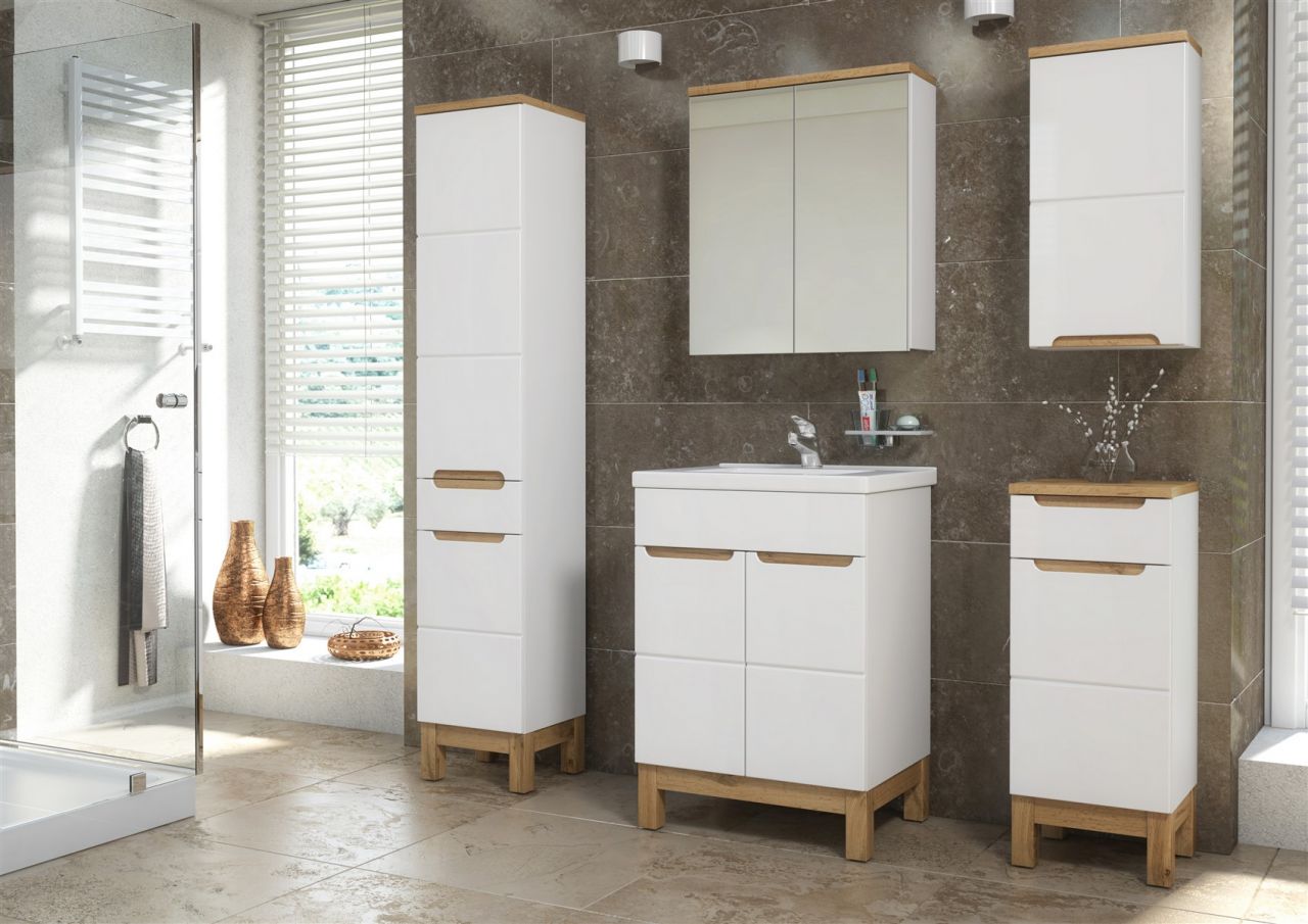 Badmöbel Set 5-tlg Badezimmerset DEVI Weiss HGL inkl.Waschtisch 60 cm
