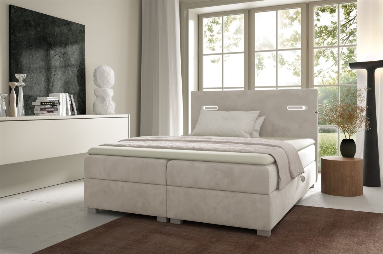 Boxspringbett Schlafzimmerbett CAPRICE 160x220cm Creme inkl. Ambiente-LED