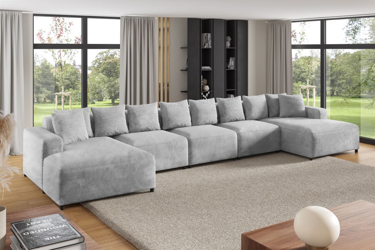 Wohnlandschaft Sofa U-Form ersofa MEGAN XL in Stoff Poso Hellgrau