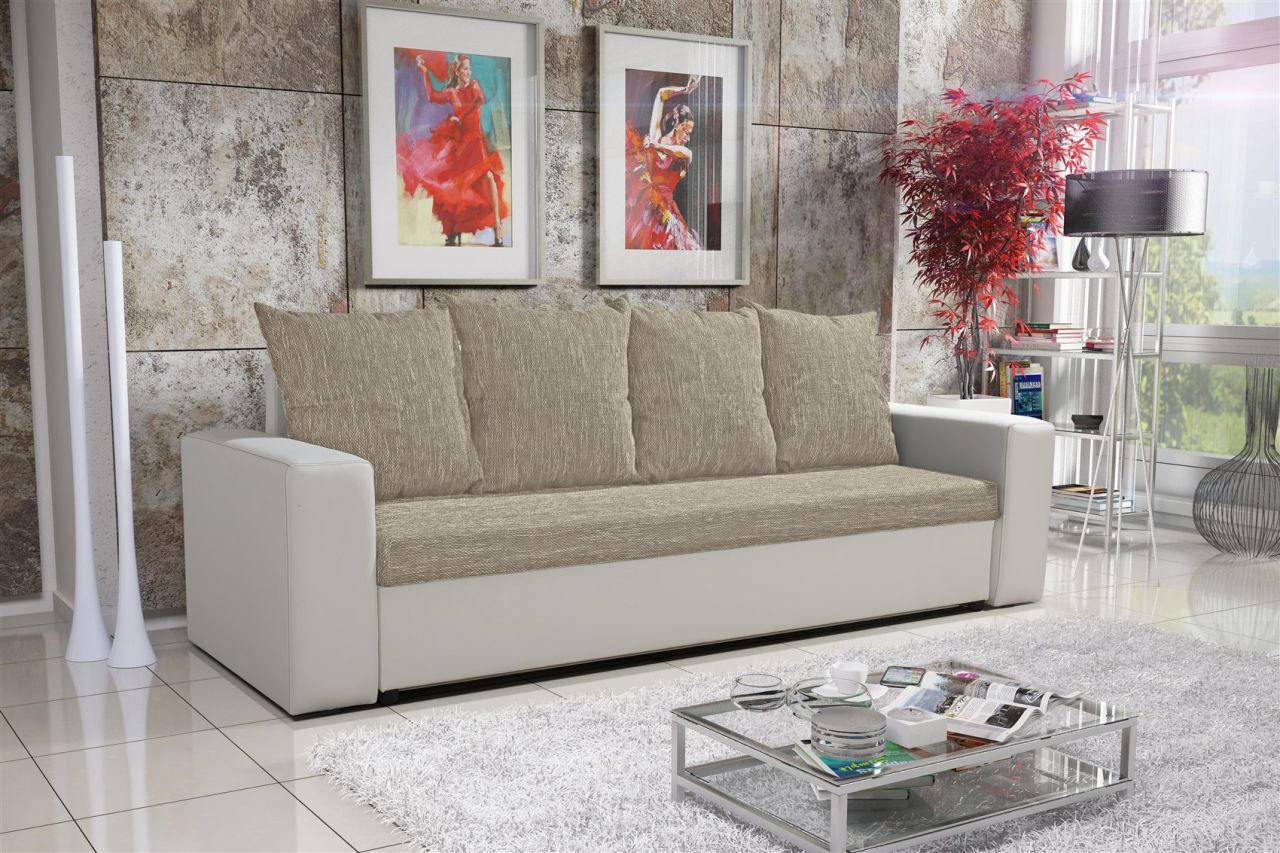 Sofa Schlafsofa inklusive Bettkasten NINA Weiss / Beige