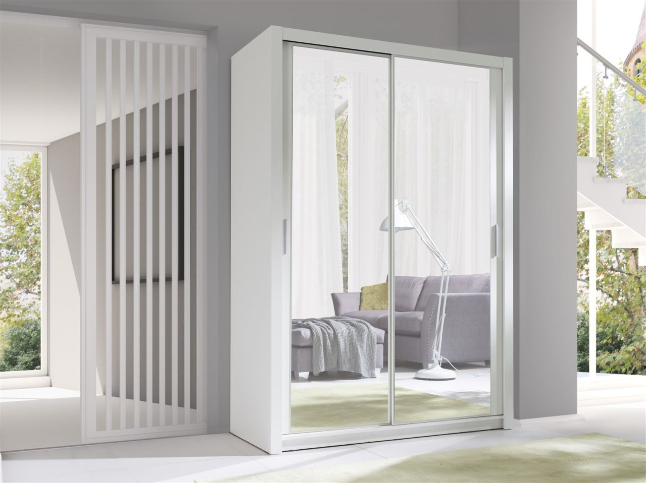 Fun Moebel Schiebetürenschrank Schrank VISBY Weiss matt + Spiegel 150x215 cm