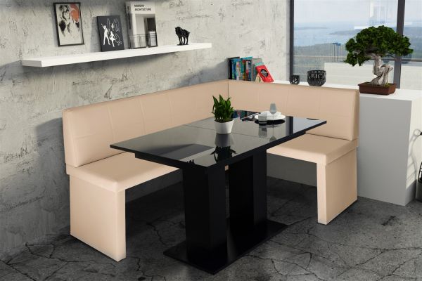 Eckbankgruppe 196x142 cm ROBIN XL L Creme / Esstisch DANTE Schwarz