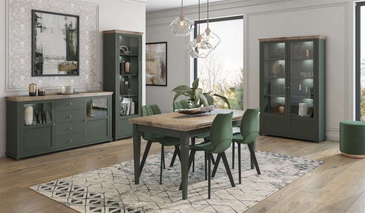 Vitrine HOME 126x200 cm inkl.LED Beleuchtung Grün Eiche Lefkas