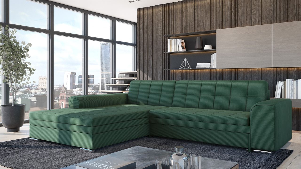 Ecksofa Sofa SARRA mit Schlaffunktion Stoff Lincoln Flaschengrün Ottomane Links