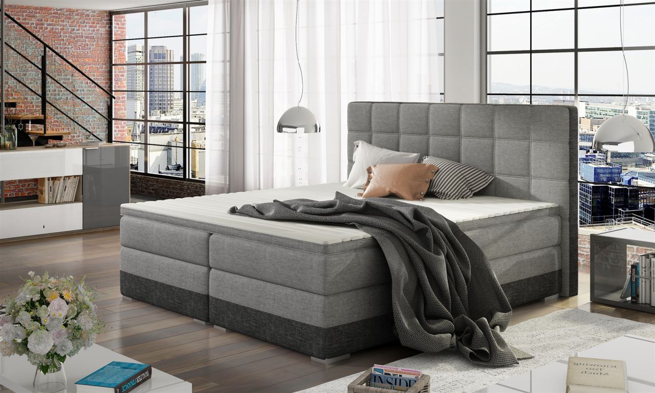 Boxspringbett Bett PRATO Webstoff Hellgrau/ Dunkelgrau 100x200cm